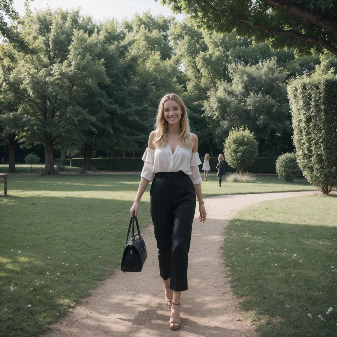 1 femme, femme française aux cheveux blonds, blond hair, blond, parc parisien, tenue d'été femme, parc ((Tout le corps, souriant, heureux)), meilleure qualité, yeux parfaits, des mains parfaites, jambes parfaites, ultra-détaillé, Seulement, Extérieur, jardin, grand jardin, joyeux, heureux, sac à main, ombres, Contraste,, Lumière cinématographique, éclairage latéral, Ultra haute résolution, meilleure teinte