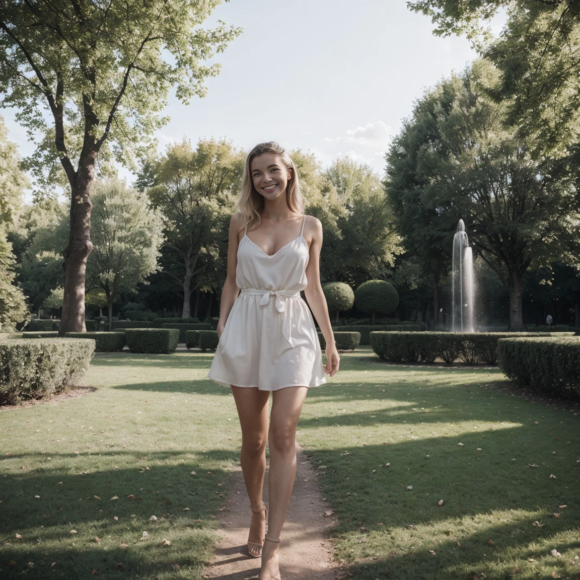 1 femme, femme française aux cheveux blonds, blond hair, blond, parc parisien, tenue d'été femme, parc ((Tout le corps, souriant, heureux)), meilleure qualité, yeux parfaits, des mains parfaites, jambes parfaites, ultra-détaillé, Seulement, Extérieur, jardin, grand jardin, joyeux, heureux, sac à main, ombres, Contraste,, Lumière cinématographique, éclairage latéral, Ultra haute résolution, meilleure teinte