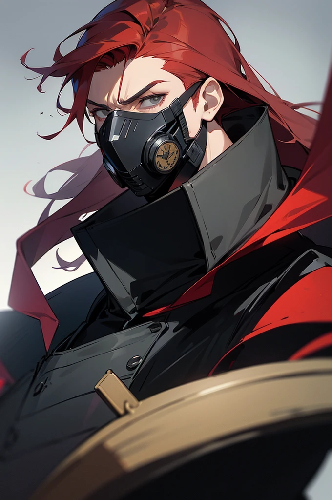 (((1 Adult man, 40 years))), ((Red hair)), ((grey eyes)), black turtleneck, black pants, Black background, Large assembly, a pumped-up body, ((half of the body, portrait)), good anatomy, (Detailed eyes, Even the eyes), serious look, predatory look, serious expression, black jacket, dynamic pose, military, captain, military helmet, armor padding , shades on face, wearing mask that covers head, upper body only, sunlight on person