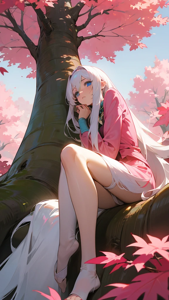 A woman with long white hair,Blue eyes,she sits at the foot of a giant tree with pink leaves in a plain