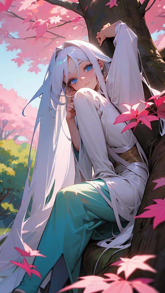 A woman with long white hair,Blue eyes,she sits at the foot of a giant tree with pink leaves in a plain 