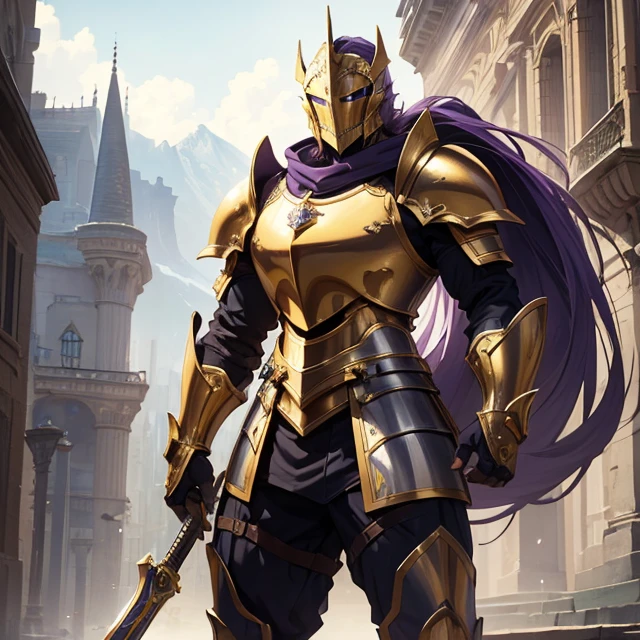 (Very detailed best high quality image, very detailed background, very detailed character alone, its not a female character, its a male in full armor) full portrait of super soldier knight, fantasy knight of 3 meters height big and tall
1Male-Fantasy-paladin-knigh:
Big bulky Armor: full helmet with golden trim and golden ponytail showing no face with light blue helmet visor, knight wearing bulky purple plate armor with golden trims,purple big shoulder pads with golden trims, purple elbow pads with golden trims, big purple boots with golden trims, armored knight, Knight in armor, paladin armor, portrait of knight,
Weapons: the knight's long sword has silver blade and golden handle
Scenery: the knight in armor, stands in front of the armenian castle,