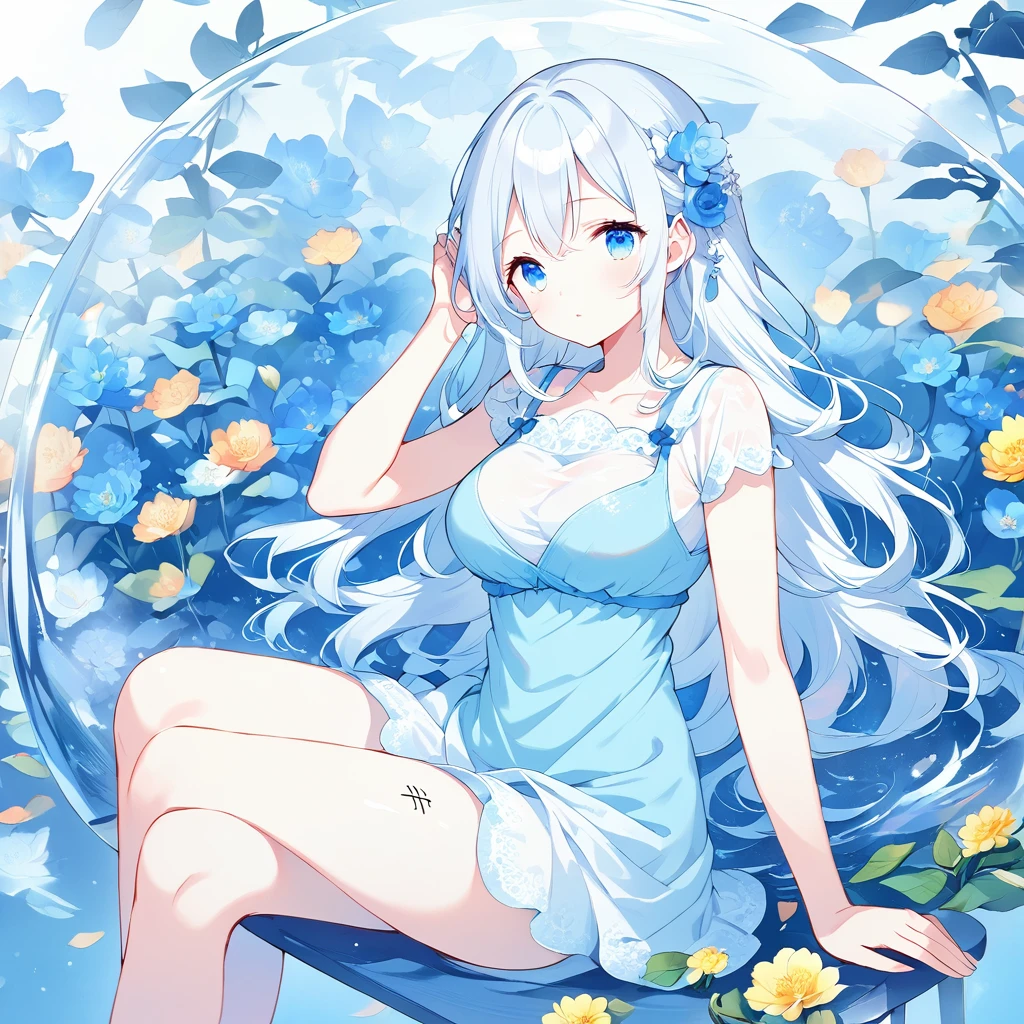 (masterpiece), (best quality), illustration, Extremely detailed, Human Development Report, Depth of Field, (rich and colorful), Change,(Flowers background:1.45),(Transparent Background:1.3)(an extremely delicate and beautiful girl inside of Glass Kan:1.2), (Glass Kan:1.35),(Solitary:1.2), (whole body), (Beautiful and delicate eyes, Beautiful and delicate face:1.3), (sit ), (Very long silky hair, White hair:1.15), (Moderate_breast, tally and skinny:1.2), (Colorful dresses:1.3), (extremely detailed lace:0.3), (Extremely detailed decoration:0.3),(Headband , Orange Hair_Decorations:1.25),Orange can,water surface,whole body,(Bottle filled with orange water,bottle filled with Fanta:1.25), (many Fruit in a jar, Multiple pieces_Fruit in a jar:1.25), (Lots of bubbles:1.25),
