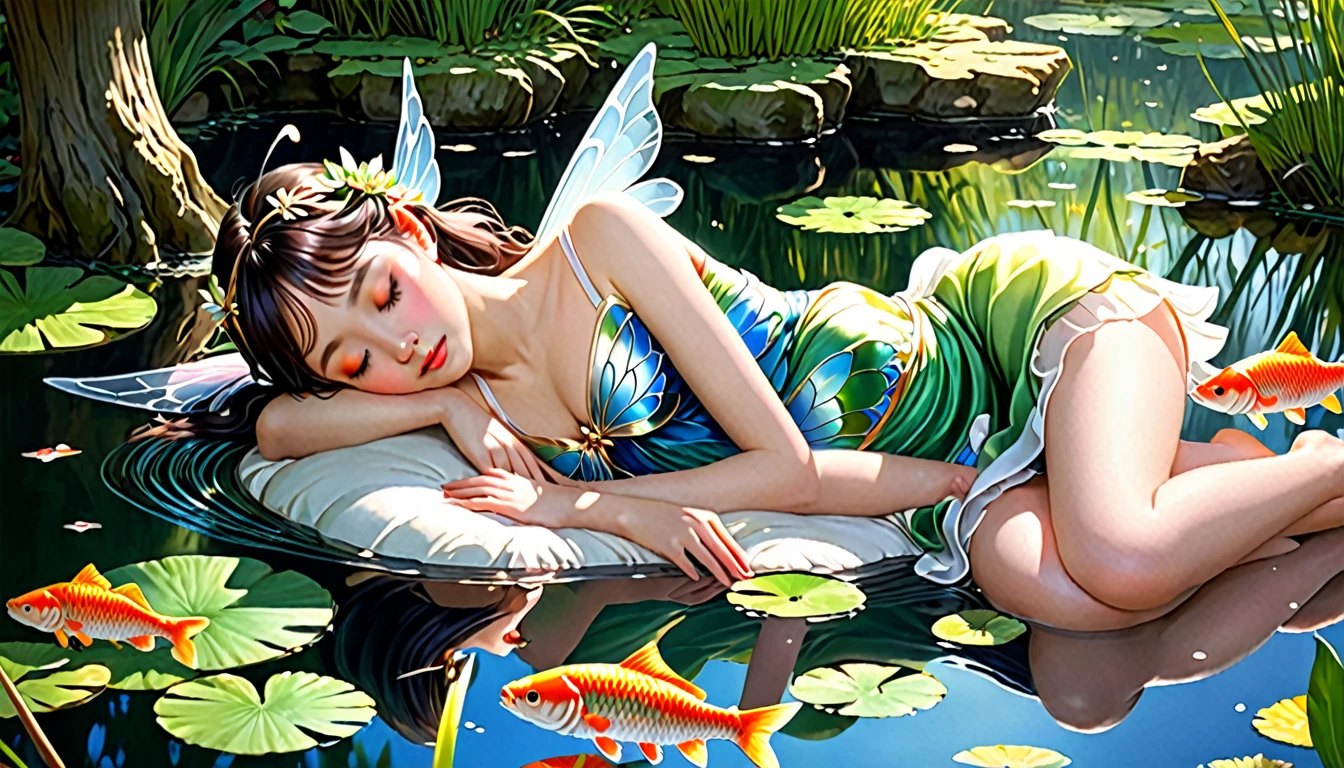A beautiful fairy with wings、Sleeping、目を閉じてSleeping、Fairy in front、Upper Body、bangs、Close-up of face、Glossy lips、Afternoon Library、Sunlight filtering through the trees、high resolution、mysterious、high resolution、 Around her are bright、and a quiet carp pond. The scenes are drawn combining illustration and photorealism, Highly detailed brush strokes and sharpness, Bright colors. Lighting that highlights the elegance of the ユニフォーム, Gives skin softness, Porcelain Shine。. The artwork is of the highest quality, Exquisite costume details on display,