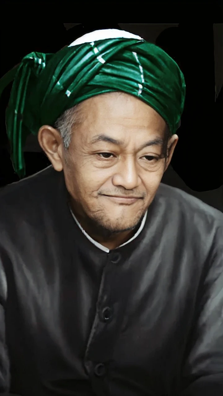 Indonesian Muslim man, aged 50 years or over, clean brown skin, wearing black Islamic clothes, green head turban with a tie at the back, the details of the turban pattern are visible, lips are closed, eyes are slightly slanted and downcast. HD quality realistic images