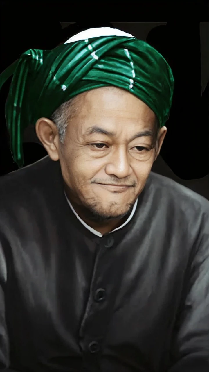 Indonesian Muslim man, aged 50 years or over, clean brown skin, wearing black Islamic clothes, green head turban with a tie at the back, the details of the turban pattern are visible, lips are closed, eyes are slightly slanted and downcast. HD quality realistic images