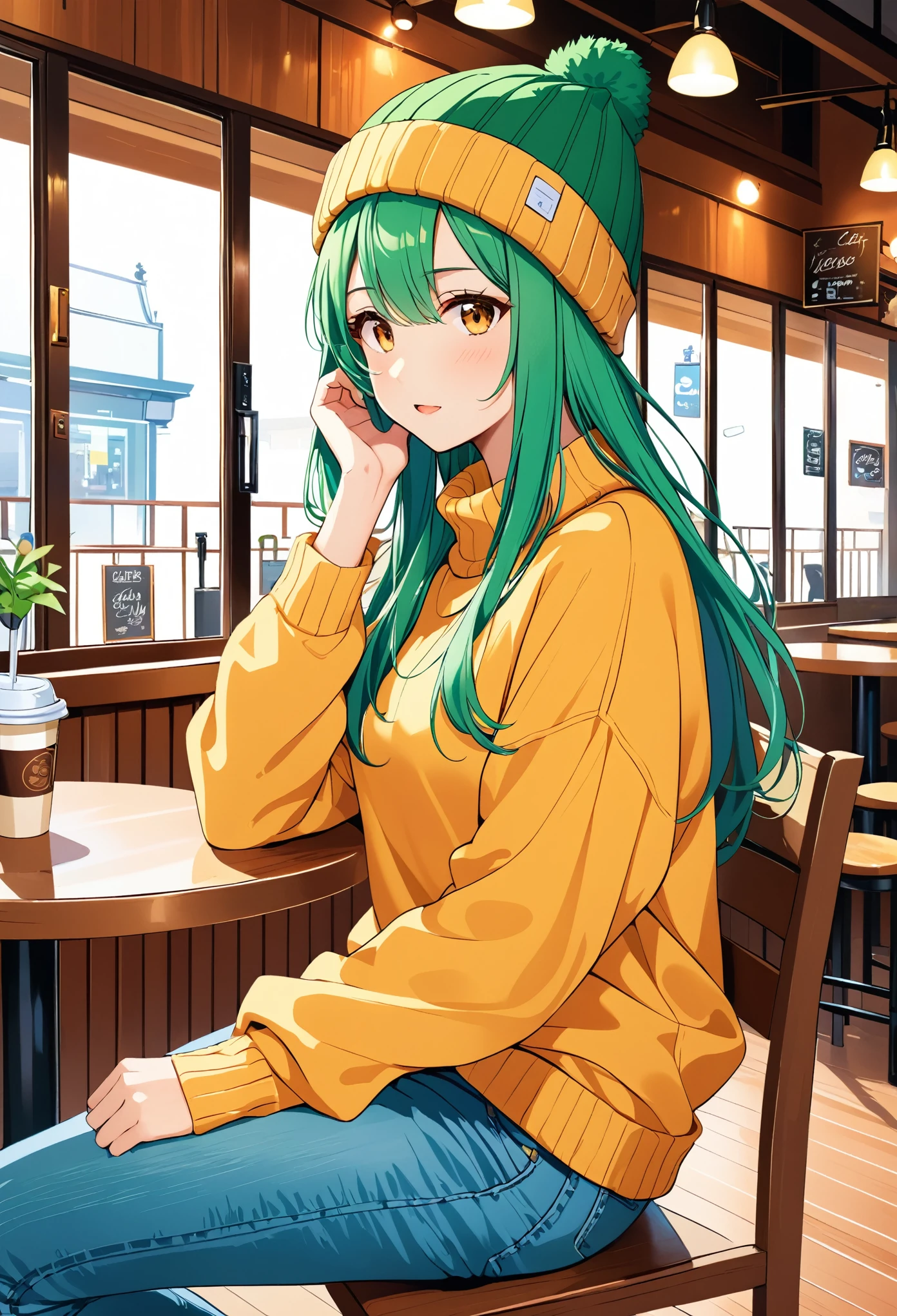 1 Girl, Solitary, cafes, Green Hair, Beanie, sweater, jeans, sit on the chair, Dynamic poses, indoors, 