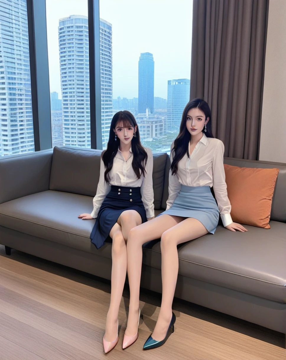 Score_9, Score_8_up, Score_7_up,one young women seated on a couch in a well-furnished room. Both are wearing skirts and have long hair.  Both are wearing high heels. The room has a modern design with a window that offers a view of a cityscape. The woman on the left has white hair and is wearing earrings, . Both are looking directly at the viewer. showing her feet