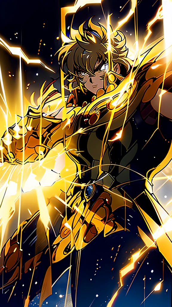 Gold Armor, 4K image, assembly, best quality, masterpiece, movie lighting ,action,In battle,anger,noble,light beam from hand,Golden lightning surrounds,silver hair,Saint Seiya Leo Aiolia,Black Eyes