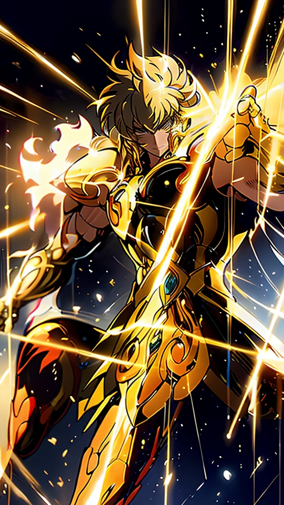 Gold Armor, 4K image, assembly, best quality, masterpiece, movie lighting ,action,In battle,anger,noble,light beam from hand,Golden lightning surrounds,silver hair,Saint Seiya Leo Aiolia,Black Eyes