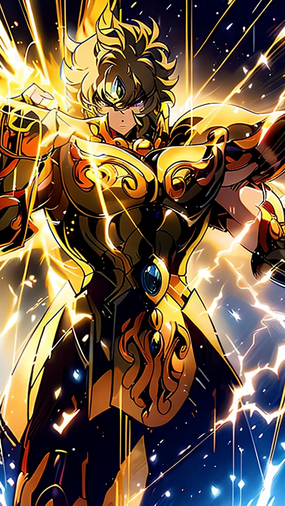 Gold Armor, 4K image, assembly, best quality, masterpiece, movie lighting ，action，In battle，anger，noble，light beam from hand，Golden lightning surrounds，silver hair，Saint Seiya Leo Aiolia，Black Eyes