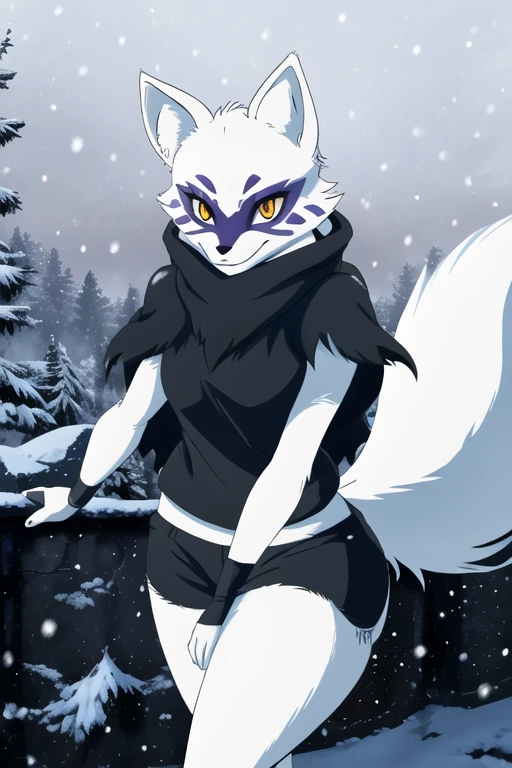 Alopex, arcticfox, tmnt, smile, orange eyes, girl1, solo, snow, black cloak, black shirt, tail, black shorts, cartoon style 