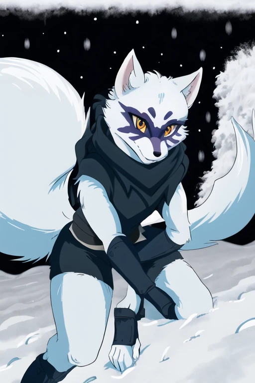 Alopex, arcticfox, tmnt, smile, orange eyes, girl1, solo, snow, black cloak, black shirt, tail, black shorts, cartoon style 