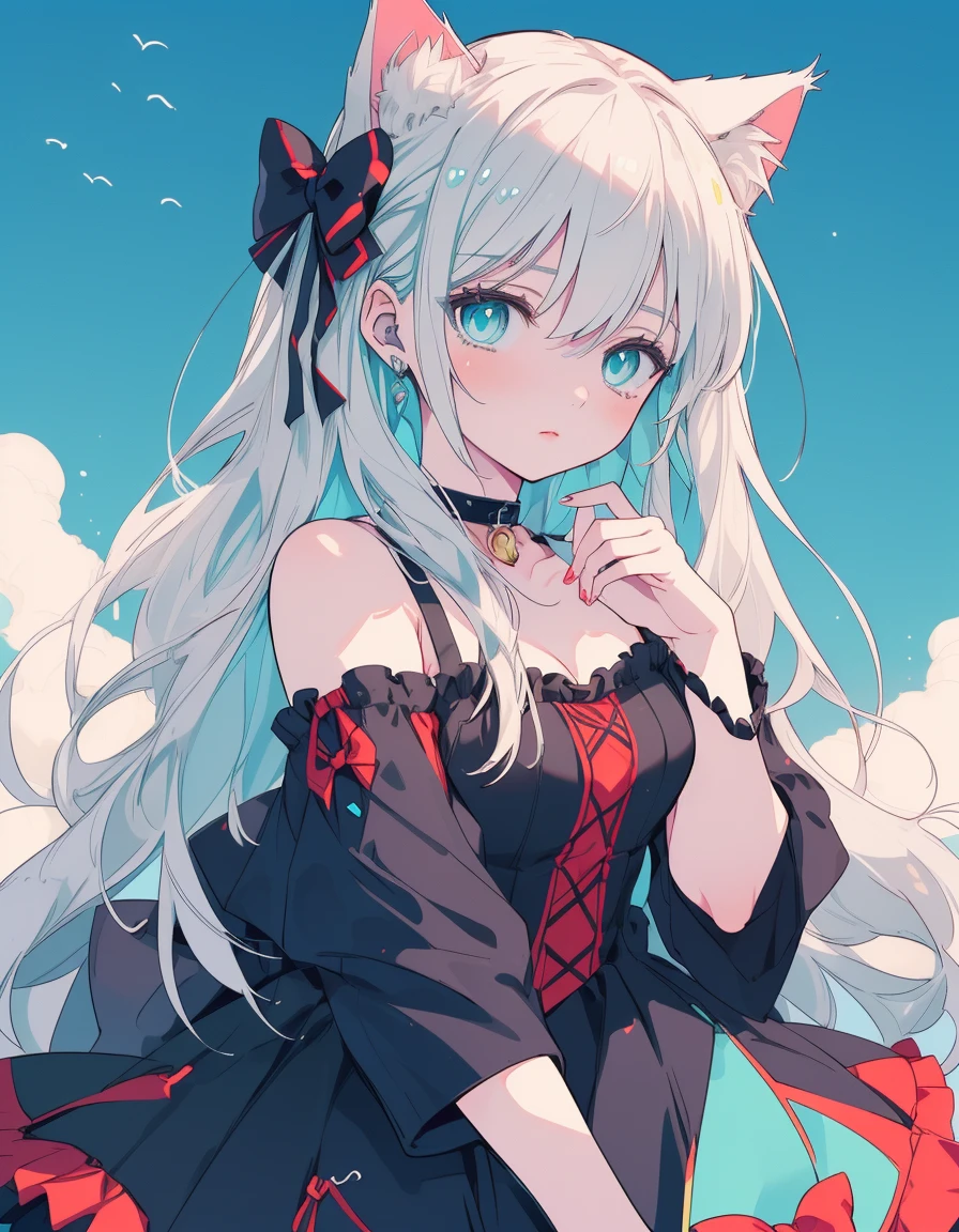 city girl, gothic Lorita, jitome, wince, ((masterpiece, best quality:1.5)), ((Beautiful detailed cat aqua eyes:1.2)), cat ears, pale skin, medium breasts, beautiful hands, beautiful fingers, EasyNegative
