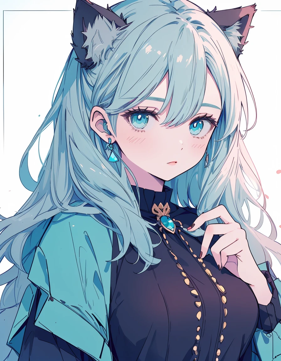 city girl, gothic Lorita, jitome, wince, ((masterpiece, best quality:1.5)), ((Beautiful detailed cat aqua eyes:1.2)), cat ears, pale skin, medium breasts, beautiful hands, beautiful fingers, EasyNegative