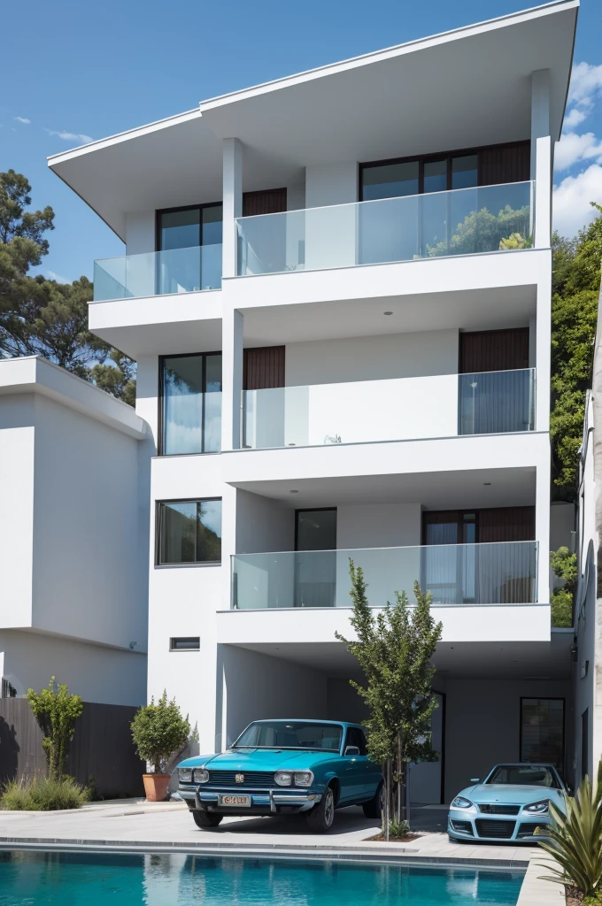 2-story house, with glass terrace, cornerstone entrance, blue car in the garage, grama verde. realisitic