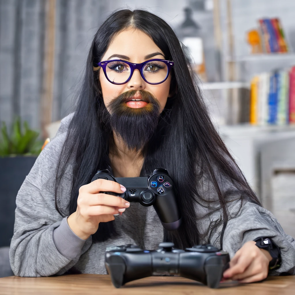 woman with huge and beautiful beard, long black hair, wears glasses, sweatshirt, geek nerd, plays video games