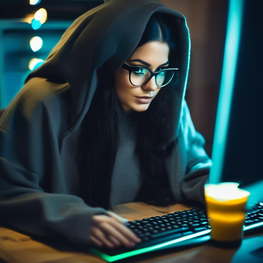 woman with huge and beautiful beard, long black hair, wears glasses, sweatshirt, geek nerd, plays video games