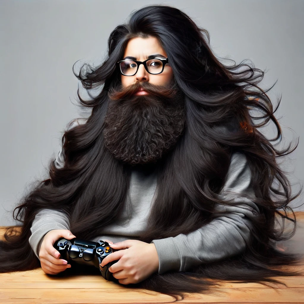 woman with huge and beautiful beard, long black hair, wears glasses, sweatshirt, geek nerd, plays video games