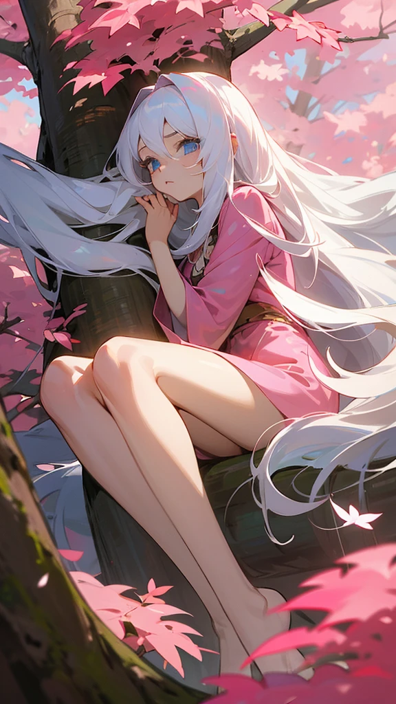 A woman with long white hair,Blue eyes,she sits at the foot of a giant tree with pink leaves in a plain 