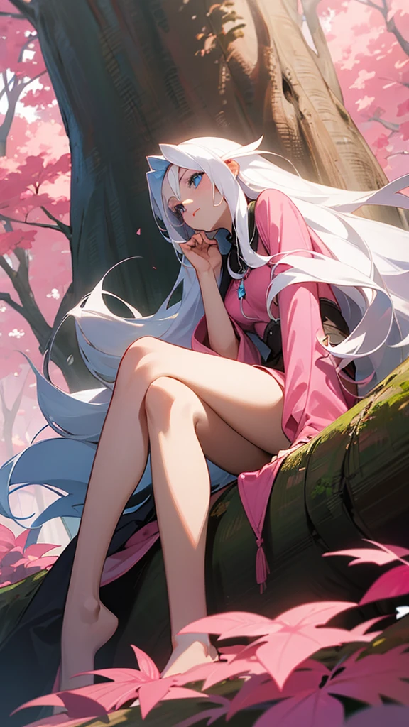 A woman with long white hair,Blue eyes,she sits at the foot of a giant tree with pink leaves in a plain