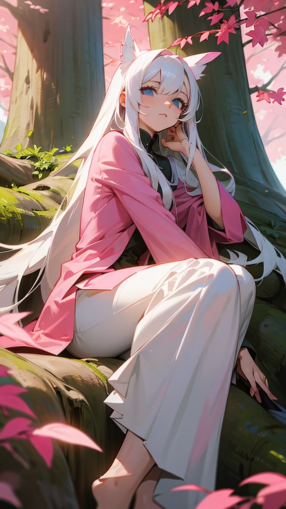 A woman with long white hair,Blue eyes,she sits at the foot of a giant tree with pink leaves in a plain