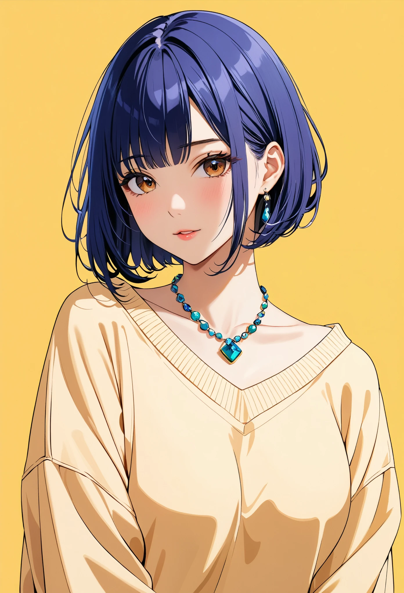 (best quality, 8K, 32k, masterpiece, Ultra HD:1.2),Photos of beautiful Japanese women, Large Breasts, Very short Bob hairstyle,Upper Body,(Oversized_sweater,:1.1) necklace, Simple background, look around