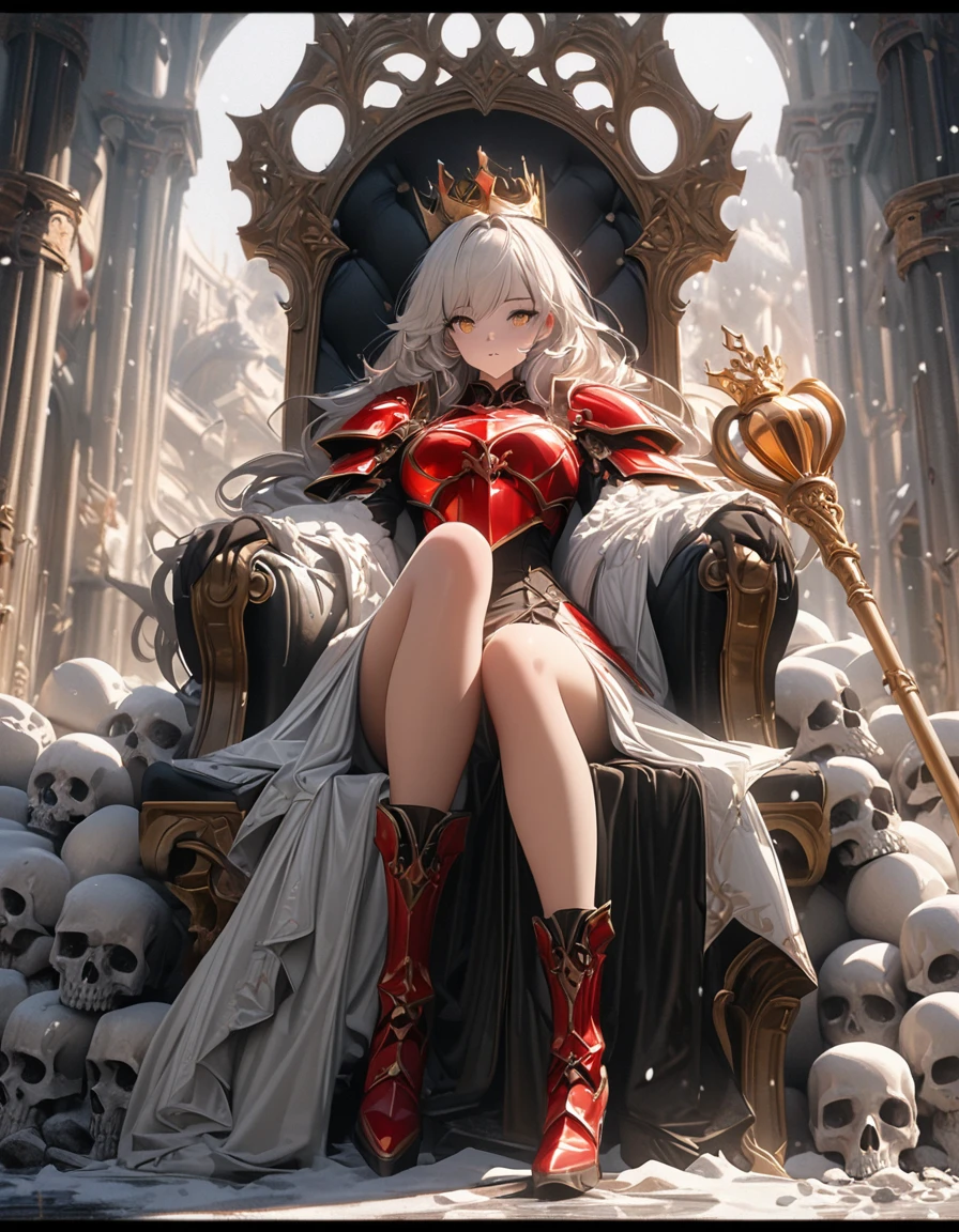 Full body portrait，Low Angle View，A sexy and charming woman sits on a magnificent huge throne on a pile of skulls，Wearing gorgeous and exquisite accessories and heavy black and red armor，Golden crown，Thick Scepter，gem，Luminescence，Luminescence特效，Bronzed skin，Golden Eyes，Snow-white hair，Long legs，Boots，Oil painting effect，Snapshot aesthetic style ， Extreme detail，Rich details，OC Renderer，8K，Super Fine，Hyperrealism，masterpiece，Rich in details