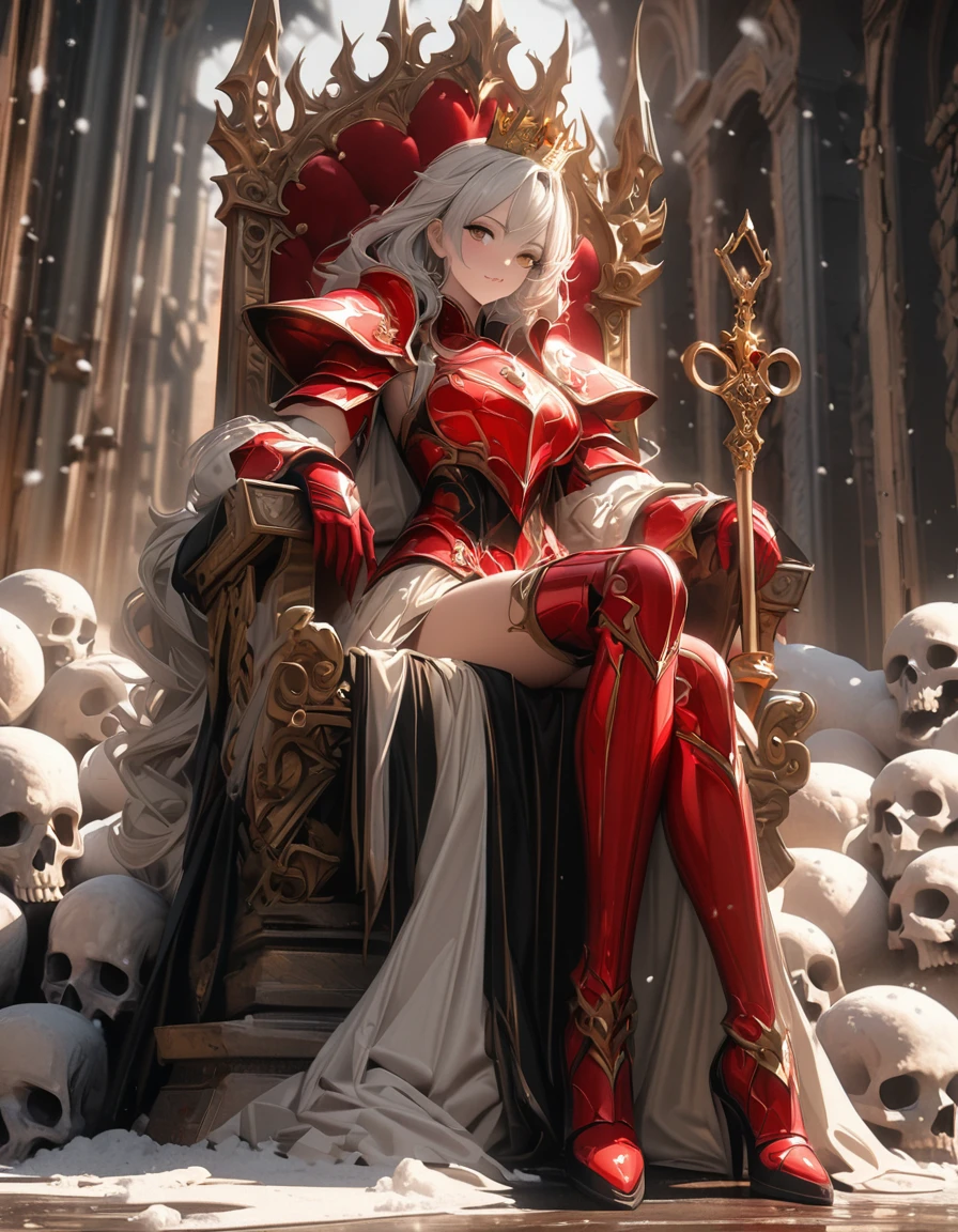 Full body portrait，Low Angle View，A sexy and charming woman sits on a magnificent huge throne on a pile of skulls，Wearing gorgeous and exquisite accessories and heavy black and red armor，Golden crown，Thick Scepter，gem，Luminescence，Luminescence特效，Bronzed skin，Golden Eyes，Snow-white hair，Long legs，Boots，Oil painting effect，Snapshot aesthetic style ， Extreme detail，Rich details，OC Renderer，8K，Super Fine，Hyperrealism，masterpiece，Rich in details