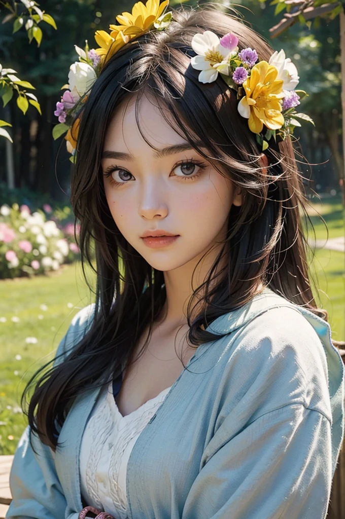 A girl's face made up of different flowers
