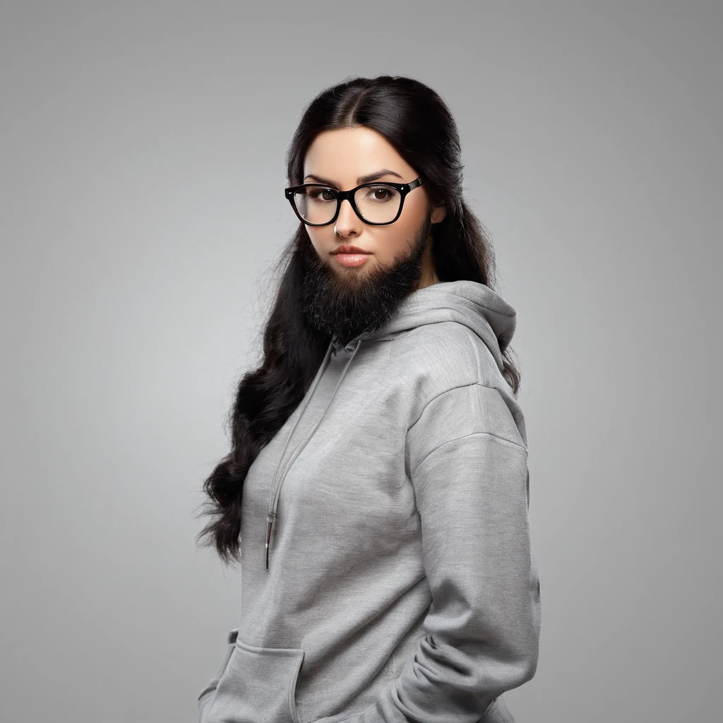 woman with huge and beautiful beard, long black hair, wears glasses, sweatshirt, geek nerd, plays video games