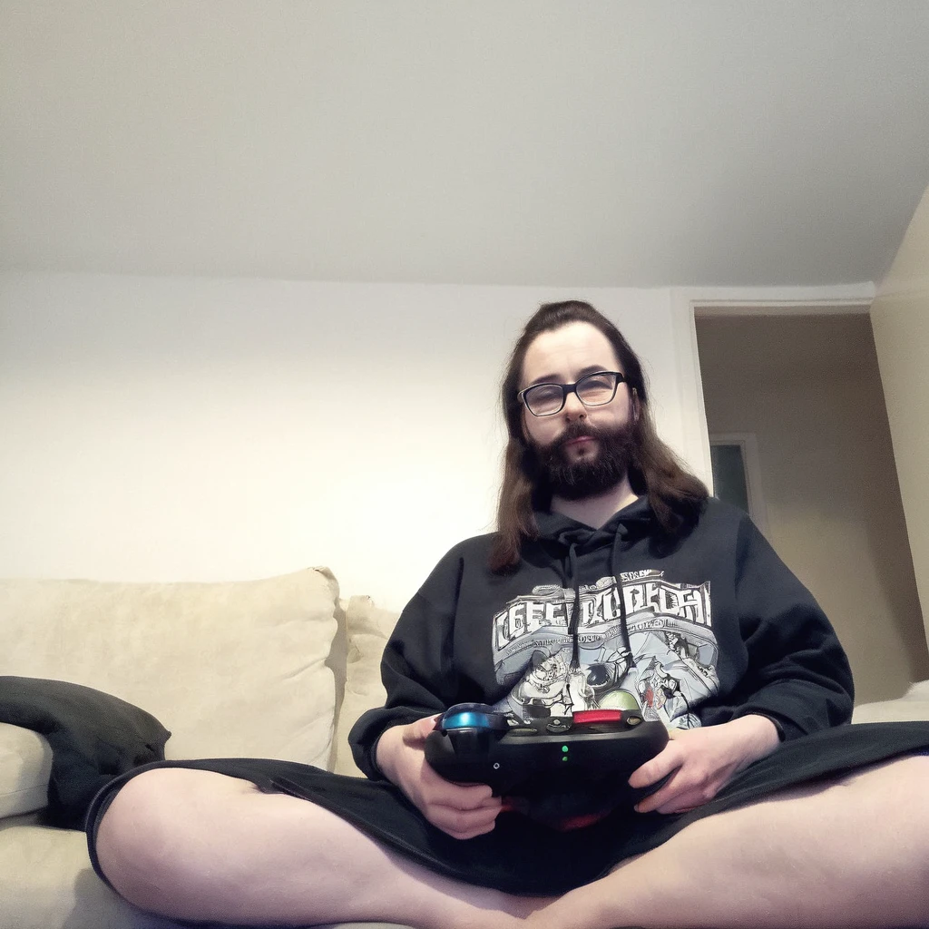 woman with huge and beautiful beard, long black hair, wears glasses, sweatshirt, geek nerd, plays video games
