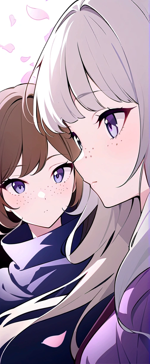 beautiful anime girls, two girls kissing, one girl has short wavy brown hair, the other has silver hair, freckles. Dark purple robes, long skirt, petals, dark eyelashes, perfect eyes, perfect face, intricate, intricate details, epic, character portrait, cinematic portrait, anime, anime art