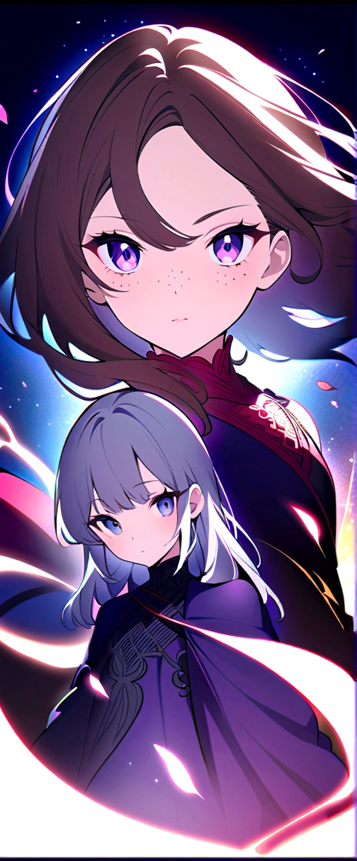 beautiful anime girls, two girls kissing, one girl has short wavy brown hair, the other has silver hair, freckles. Dark purple robes, long skirt, petals, dark eyelashes, perfect eyes, perfect face, intricate, intricate details, epic, character portrait, cinematic portrait, anime, anime art