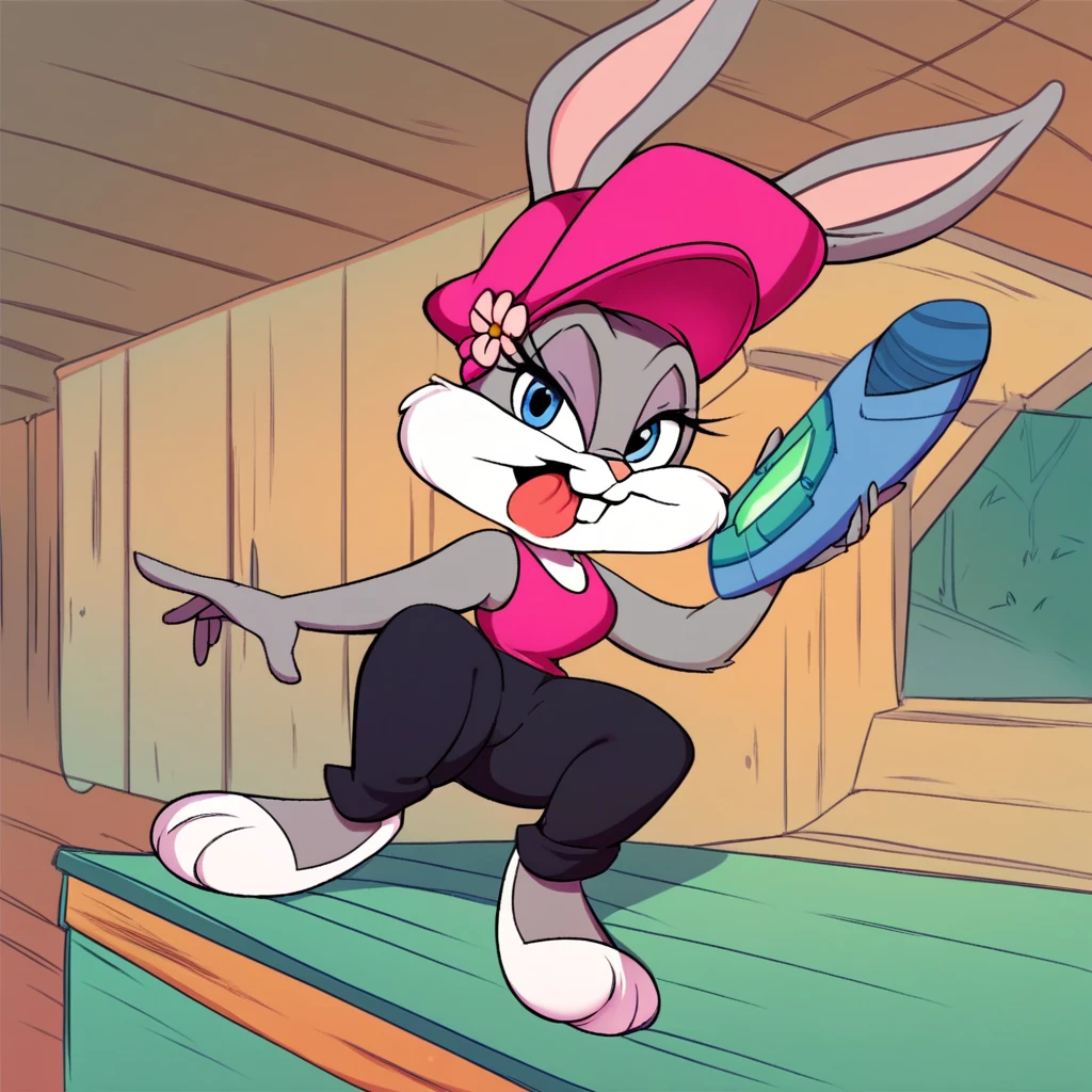 score_9, score_8_up, score_7_up, score_6_up, score_5_up, score_4_up, (Source furry), Babs Bunny, furry female, 1girl, solo, inside of the cyberworld, cyberspace, digital trees, smile, pink bunny girl, looking at viewer, blue eyes, tail, grey fur, two tone fur, hat, wearing black shorts, thick thighs, flower hat, licking her toe,