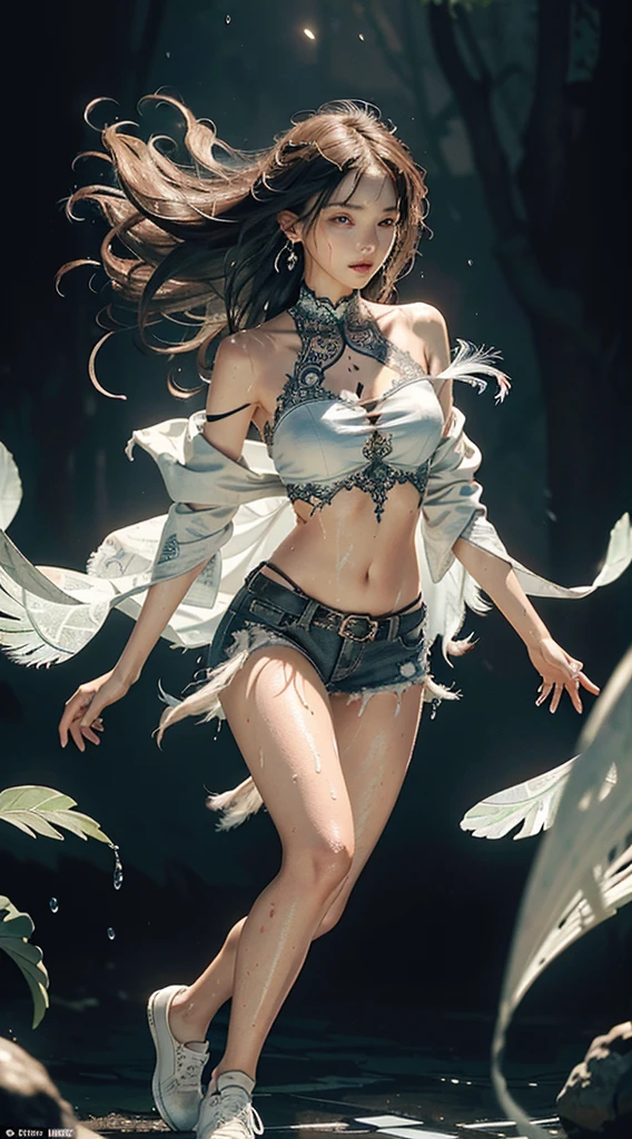 best image quality, masterpiece, super high resolution, (fidelity:1.4), photo, 1 girl, white shirt, torn jeans, white sneakers, dim, darkness, despair, pity, poor, movie, tears, teardrops, (torn clothes:1.5), (wet clothes:1.4), bare shoulders, real rain, wet hair, official art, unity 8k wallpaper, ultra detailed, beautiful and aesthetic, masterpiece, best quality, (zentangle, mandala, tangle, entangle), (fractal art:1.3) , 1girl, extremely detailed, dynamic angle, cowboyshot, the most beautiful form of chaos, elegant, a brutalist designed, vivid colours, romanticism, by james jean, roby dwi antono, ross tran, francis bacon, michal mraz, adrian ghenie, petra cortright, gerhard richter, takato yamamoto, ashley wood, atmospheric, ecstasy of musical notes, streaming musical notes visible. (masterpiece, top quality, best quality, official art, beautiful and aesthetic:1.2), (1girl:1.3), extremely detailed,(crotch tattoo), transparent top clothing, (fractal art:1.1),(colorful:1.1)(feathers:1.3),highest detailed,(zentangle:1.2), full body, (abstract background:1.3), (shiny skin), (many colors:1.4), ,(earrings), best quality, ultra-detailed, super detailed skin, cute, extremely detailed, 8K, solo, single, dynamic angle, beautiful female, belly button, blash, smile, uncensored, motion, navel, croptop, two-tone hair color, HDR, wind, perfect hand, active, ART STYLE