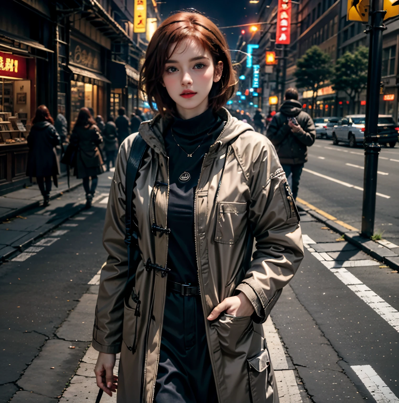 Masterpiece, Best Quality, Ultra-Detailed, 1girl, solo, woman, female, 28 years old, ginger hair, red hair, short hair, light brown eyes, pale skin, skinny, athletic, coat, multi pocket coat, (coat, sci-fi coat, futuristic coat), looking at the viewer