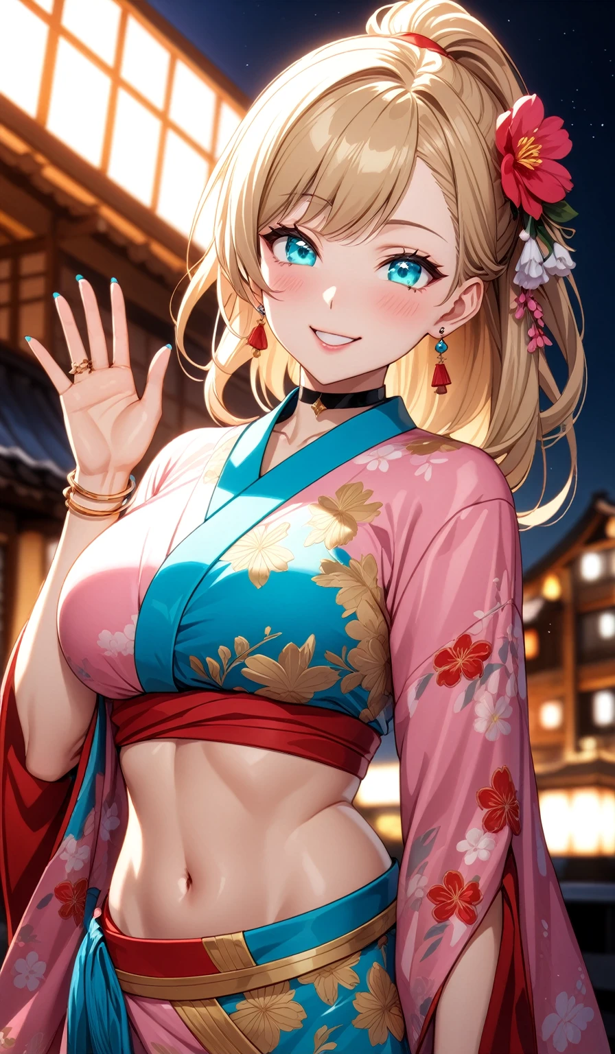 ((One personの女性)), Beautiful Face, ((Laughing embarrassedly)), (laugh),((Wink:1.9)),((waving at viewer:1.3)), (head tilt:1.3), Laugh with your mouth wide open,((Bright red cheeks:1.4)),Shiny red lips,night,横浜みなとみらいのnight景, firework,Laughing with your mouth open,Glossy pink lips,Facial lighting, ((midriff peek)), ((Anime style background)),masterpiece, Highest quality, so beautiful,up to date, Complex details, (Pink long nails),(ring),(bracelet),(choker),AI-generated, Complex,High resolution, Highest quality, super high quality,3D Images、3D Images,One person,Long blonde hair,High Ponytail,(turquoise blue eyes),Anime woman posing for a photo, ((Fine grain、Colorful eyes、Shining Eyes:1.3)),(Squint your eyes:1.1),a hyperRealistic , hyperRealistic , Realistic,Anime woman with long white hair, Smooth anime CG art, A woman in a colorful kimono with gold embroidery, (Pink long sleeve kimono),Red floral pattern,Long flower hair ornament,Earrings,Mature Body,(Big Breasts:1.1),Tall,Abdominal muscles,Tight waist,(Zoom up to face:1.6),(front view),