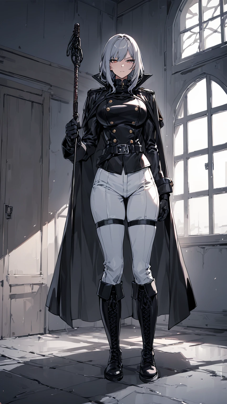 Mature female,adult,milf,  mature, 30 years old,woman,((solo)),(1girl),standing, full body, authority, leather outfit, dominant, (muscular), long sleeves, black gloves, double-breasted, (black knee-high boots:1.4), (white pants:1.2),devious, seductive, evil, confident,belt, cape, standing, bedroom, military uniform, looking at viewer, clean floor,empty room,large windows,guard,warden,queen,commander, (smirk:0.33),tall,deadpan,(holding riding crop:1.2)