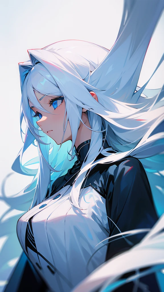 A woman with long white hair,Blue eyes,