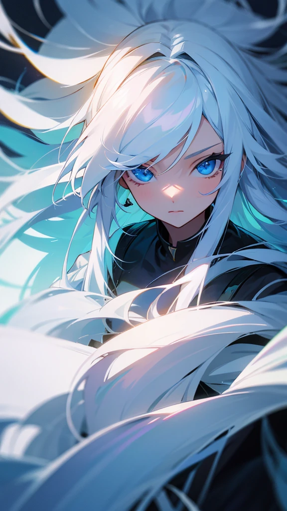 A woman with long white hair,Blue eyes,