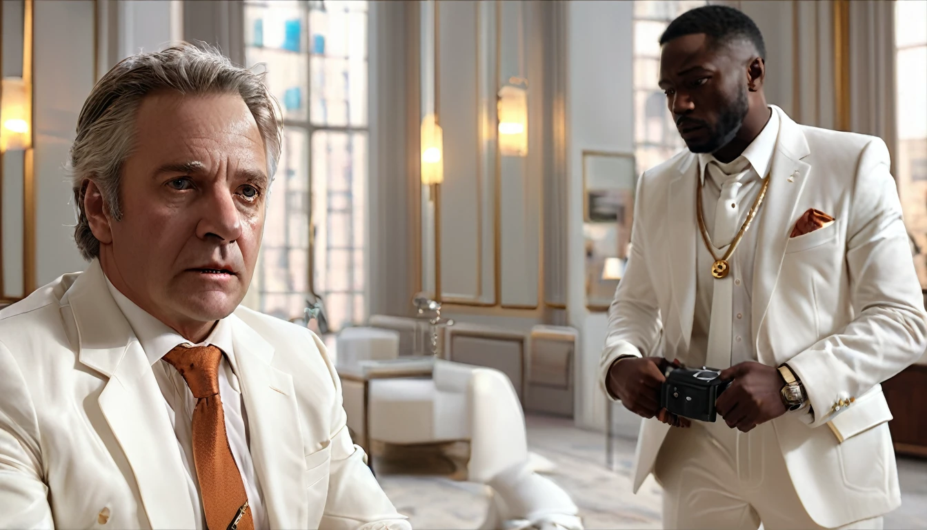 A scene where a middle-aged man in a white suit is captured. The man in the white suit is handcuffed. The location is a luxurious room, 4k masterpiece, best quality, (High Definition CG Unity 8k Wallpaper), (Best Quality), (Best Illustration), (Best Shadow), Ridiculously Realistic Lighting, (Abyss), Beautiful Glow, Art by Peter Maubacher,