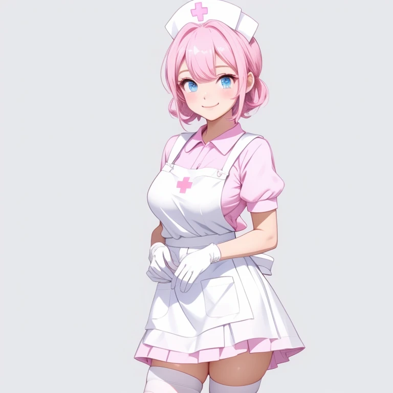 1girl, solo, nurse, nurse cap, pink collared dress, white apron, ((white legwear, zettai ryouiki)), white gloves, pink hair, blue eyes, drooping eyes, smile, standing, sharp outline, short sleeves, gray background, simple background, best quality, masterpiece