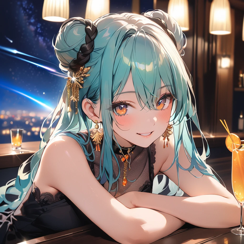 vibrant colors, female, masterpiece, sharp focus, best quality, depth of field, cinematic lighting, with black trim and collar, hair bun, double bun, looking at viewer, smile, aqua hair, hair ornament, long hair, bangs, upper body, brown eyes, medium breasts, night, looking at viewer, jewelry, white thighhighs, smile, thighhighs, sleeveless, sitting, starry sky, sky, earrings, cup, blush, drinking glass, sleeveless dress, hair between eyes, table, indoors, parted lips, night sky, long hair, bare shoulders, glint, bangs, lace trim, shooting star,