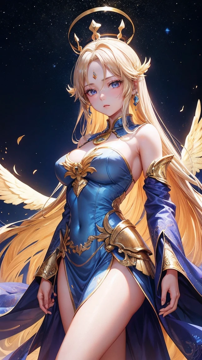 Qian Renxue, Young woman, deityธิดา, six wings, Golden wings, angel wings, long blonde hair, open forehead, crown forehead jewelry, crown on back of head, The eyes are detailed., light blue eyes, big breasts, light purple dress, golden chest armor, silver forearm armor, ดาบdeityสีทอง ยืน, Perfect Body, Beautiful thighs,solid frontal armor, high-heels, deityนิยาย, deity, realistically, sky, An expressionless expression., Standing, view