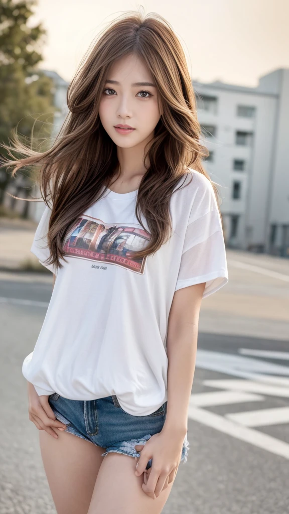 Highly detailed CG Unity 8k wallpaper, highest quality, Super detailed, masterpiece, realistic, photo realistic,((She is wearing a T-shirt that shows her cleavage.)),((big )),,(((スカートをlift it yourself))), (lift it yourself),((Show random colored panties)),((empty street)),panties focus, blush, parted lips, looking at the viewer,half body shot ,(( wavy hair)),(((character play))),
