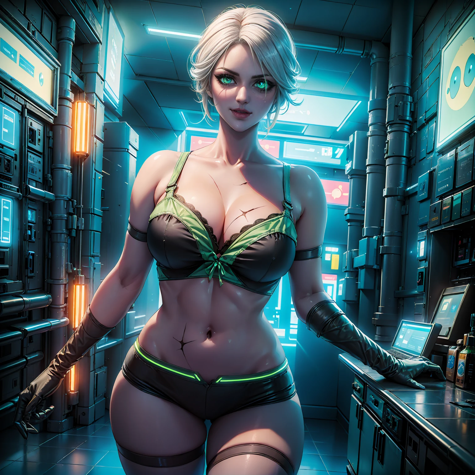 W3Ciri, ((short white hair, glowing green eyes, scar on face, makeup, narrow waist, skinny, medium breasts, Neon on the body)), pelvic curtain, ((black panties, black bra)), full body, perfect body, (insanely detailed, beautiful detailed face, masterpiece, best quality) , (((solo))), (((1girl))), (((mature))), (extremely detailed 8k paper CG wall unit: 1.1), (street, cyberpunk,Electronics, night), (smile face for the viewer), 