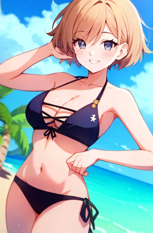girl with short hair and eyes in a bikini has a smile