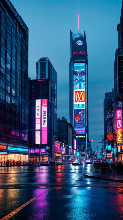 A futuristic cityscape at night, with neon lights reflecting on wet streets, and towering holographic advertisements in the sky
