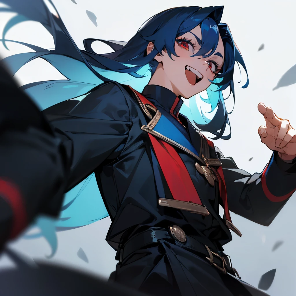 masterpiece,Quality k,A cute boy,Long Blue Hair,Red eyes, upper body, Blue eyelashes,Black long sleeve shirt,Black trousers,Fleece Collar,Blue Boots,Stand upright.,,Grin,Mouth open,Teeth are visible,real,